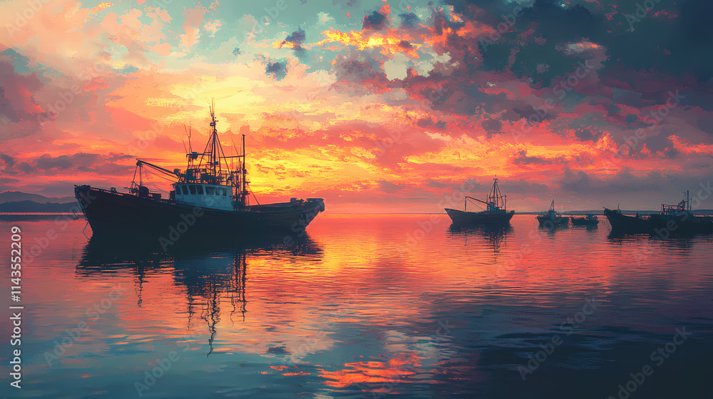 A serene harbor scene with fishing boats at sunset reflecting on calm waters. Harbor. Illustration A serene harbor scene with fishing boats at sunset reflecting on calm waters. Harbor. Illustration