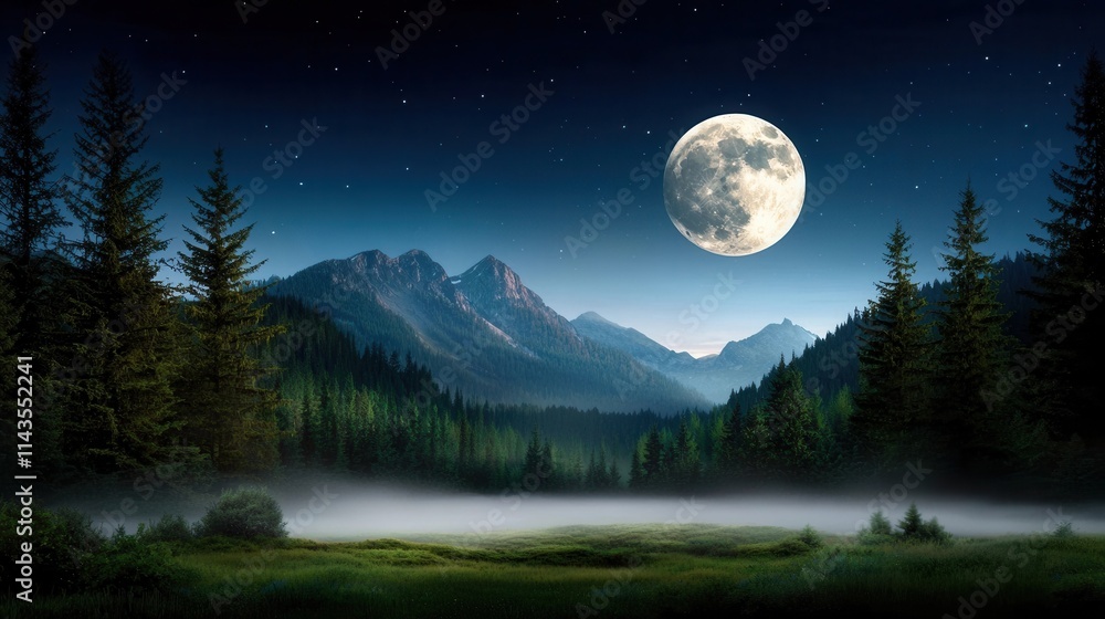 Fototapeta premium Tranquil Moonlit Mountain Landscape with Foggy Forest and Reflecting Lake Peaceful and ethereal night scene in the wilderness with a full moon silhouetted mountains