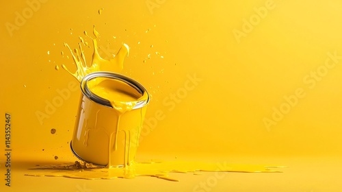 Vibrant open paint can with dripping yellow liquid paint spilling over the side creative supplies for painting design and craft projects