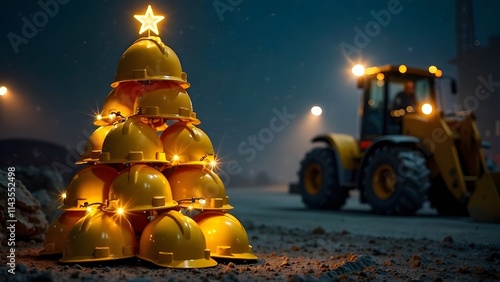 Christmas tree made of yellow construction helmets with glowing garland at a construction site