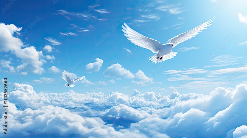 Two white doves soar gracefully above a sea of fluffy clouds under a vibrant blue sky. Two white doves soar gracefully above a sea of fluffy clouds under a vibrant blue sky.