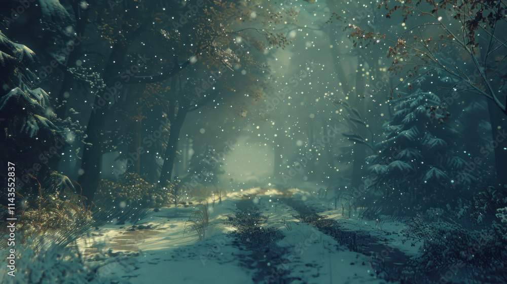 Fototapeta premium Empty snowy path in a dense forest, gentle snowflakes falling, enhancing the quiet and calm mood