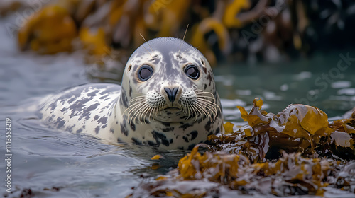 An emerging harbor seal cub in heligoland, germany, phoca vitulina. Harbor. Illustration photo