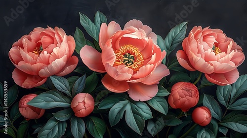 Fresh pink peony flowers with green leaves, cut-out design 