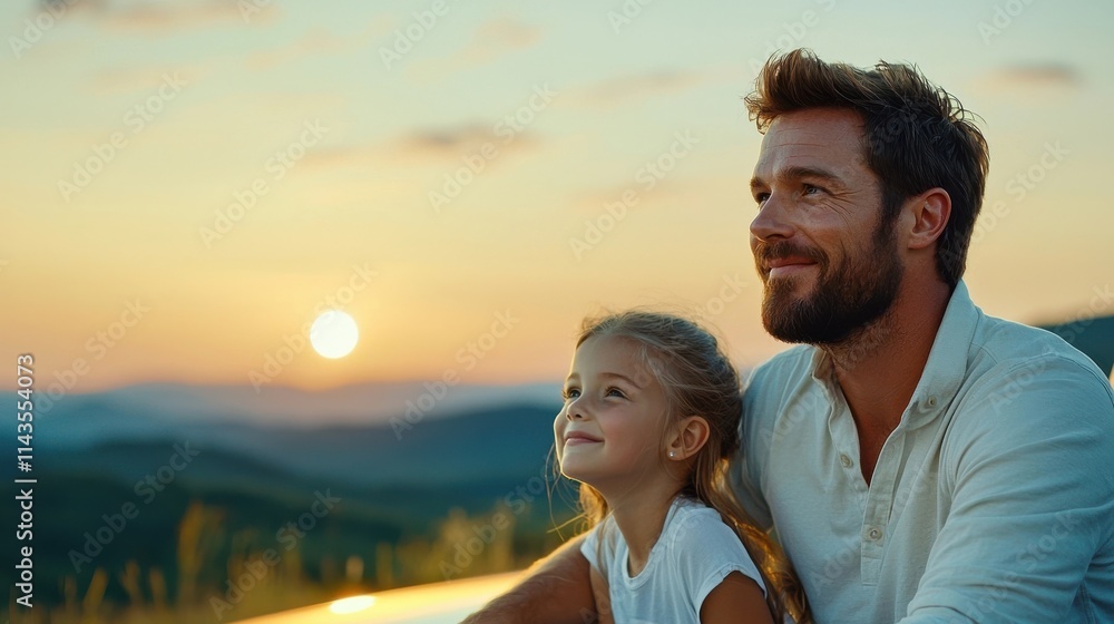 A loving father and his young daughter stand together silhouetted against the backdrop of a stunning mountain sunset A loving father and his young daughter stand together silhouetted against the backdrop of a stunning mountain sunset