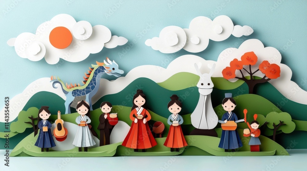 Fototapeta premium Vibrant paper cut figures of fairy tale characters like princess knight and forest creatures displayed in a charming whimsical rural landscape with mountains clouds and trees This colorful