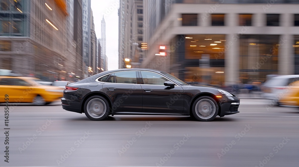 A sleek black car speeds through a bustling city street, surrounded by tall buildings and yellow taxis, capturing the essence of urban life. A sleek black car speeds through a bustling city street, surrounded by tall buildings and yellow taxis, capturing the essence of urban life.