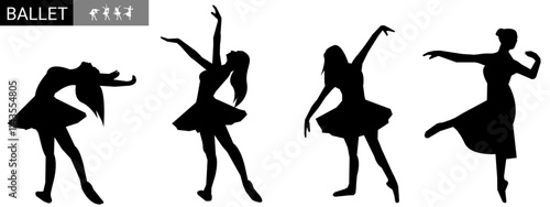 Set of ballerina dancer silhouettes isolated on white background. Vector woman ballet dancer.