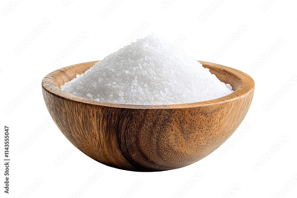 A wooden bowl filled with white salt A wooden bowl filled with white salt