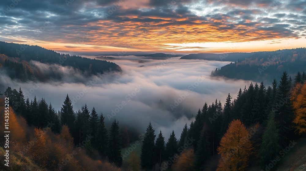 Obraz premium Autumn Sunrise Over Misty Mountain Valley. AI Generated