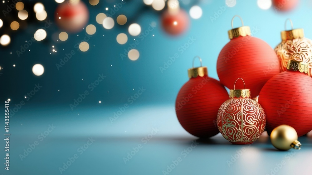 Festive red Christmas ornaments or baubles with sparkling glitter and twinkling bokeh lights against a soft focus snowy blue background Cozy and elegant holiday for the Christmas season Festive red Christmas ornaments or baubles with sparkling glitter and twinkling bokeh lights against a soft focus snowy blue background Cozy and elegant holiday for the Christmas season