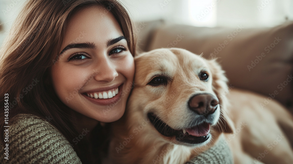 cheerful woman smiling warmly while hugging her golden retriever in cozy home setting, showcasing bond of love and happiness cheerful woman smiling warmly while hugging her golden retriever in cozy home setting, showcasing bond of love and happiness