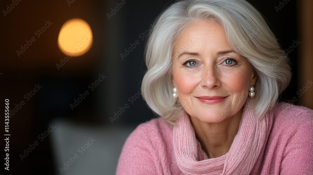A warm portrait of an older woman with silver hair, wearing a pink sweater, exuding confidence and grace in a softly lit environment. A warm portrait of an older woman with silver hair, wearing a pink sweater, exuding confidence and grace in a softly lit environment.