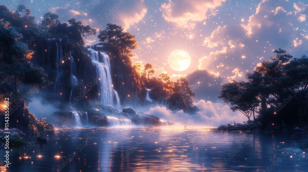 Obraz premium Enchanted waterfall, moonlit lake, glowing lights.
