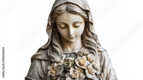 Weathered stone statue of the virgin mary holding flowers, isolated on white background photo