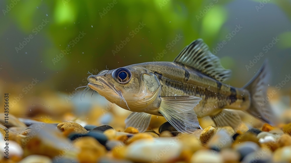 Close-up of a small freshwater fish swimming among pebbles in an aquarium. Close-up of a small freshwater fish swimming among pebbles in an aquarium.