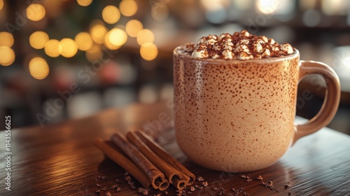 Warm cocoa drink with marshmallows and cinnamon. photo