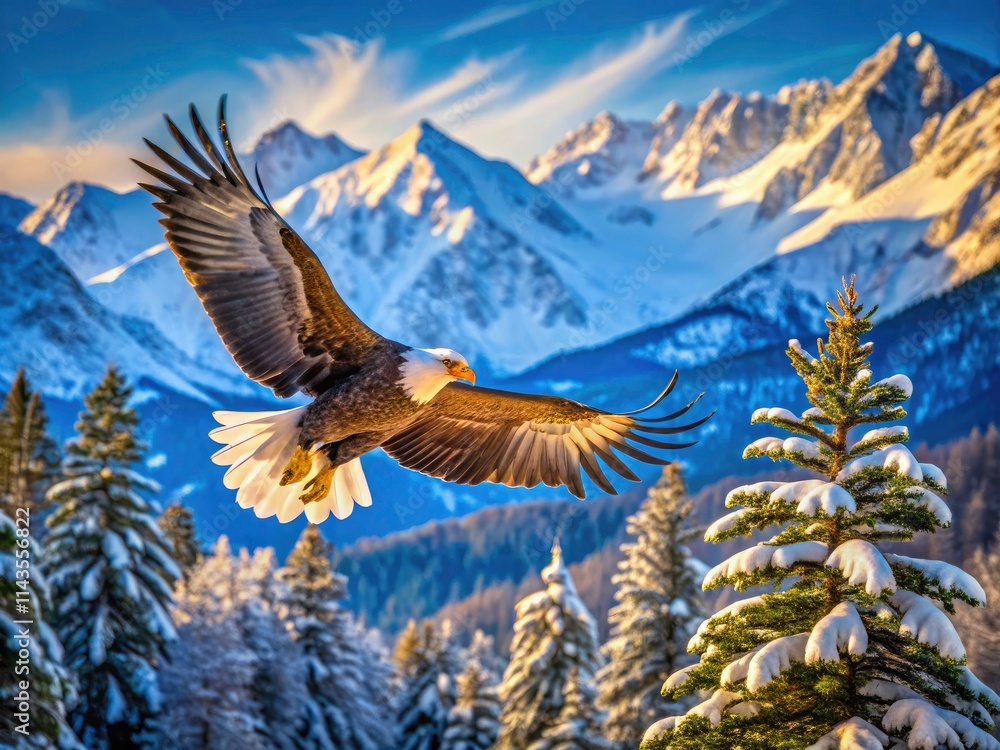 Fototapeta premium Colorado Bald Eagle Flight, Rocky Mountains Winter Landscape Photography