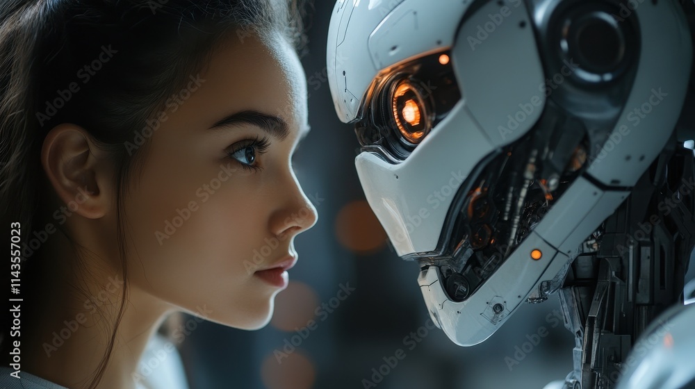 Fototapeta premium side view of woman looking at humanoid robot