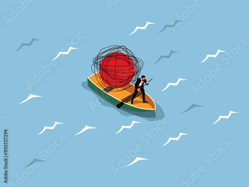 Businessman Navigating Challenges with Heavy Burden on Small Boat 3d isometric vector illustration