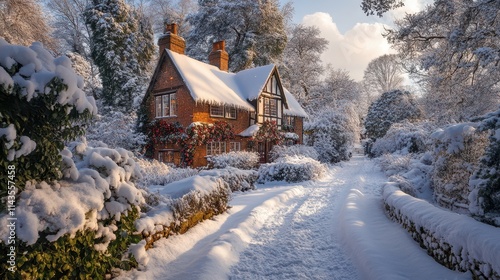 Christmas country house cottage in the English countryside style in winter season, festive holidays decoration and snow