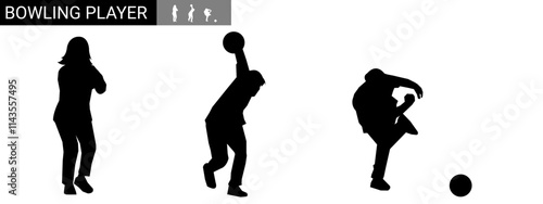 silhouettes of bowlers in various poses. vector illustration.