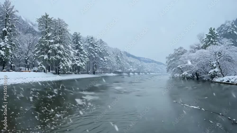 Frozen River and Snowfall: A Peaceful Winter Landscape Frozen River and Snowfall: A Peaceful Winter Landscape