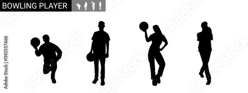 silhouette of female bowler in various poses. vector illustration.