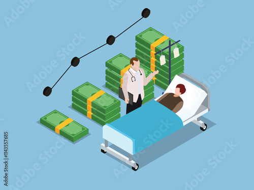 Rising Healthcare Costs with Doctor and Patient 3d isometric vector illustration
