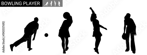 silhouette of female bowler in various poses. vector illustration.