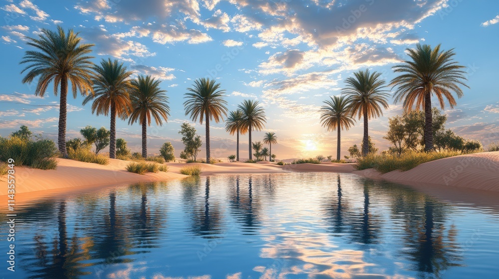 Fototapeta premium Zoom Virtual Background: Serene desert oasis with palm trees and reflective water under a beautiful sky. Sunshine Wallpaper