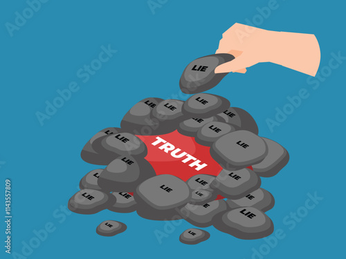 Hidden Truth Under Pile of Lies - Conceptual 3d isometric vector illustration