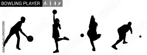 silhouette of female bowler. hobbies, sports, different poses. vector illustration.
