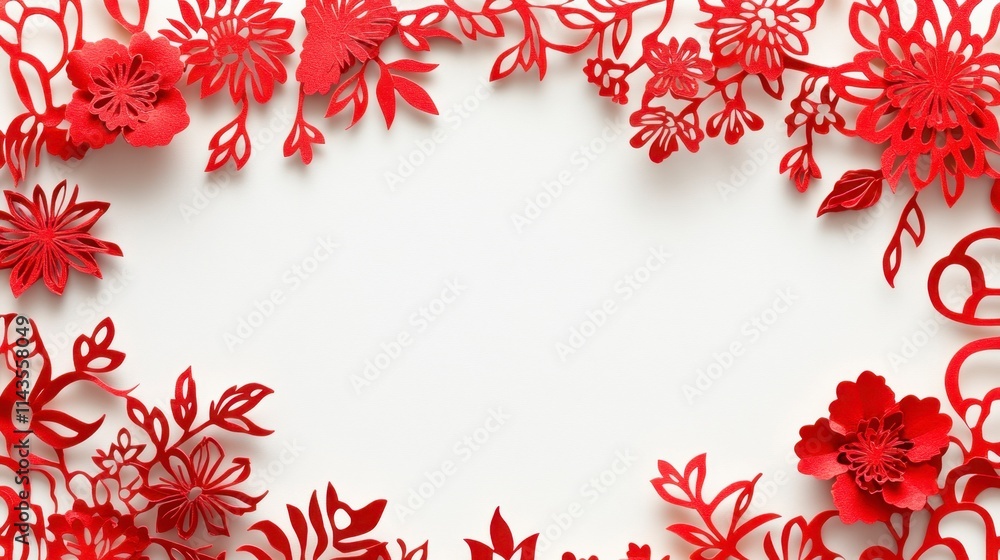 Red Paper-Cut Flowers Frame, Chinese New Year Design, Copy Space Red Paper-Cut Flowers Frame, Chinese New Year Design, Copy Space