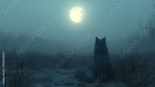Lone wolf, moonlit foggy field, winter.