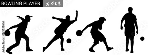 Set of bowler silhouettes. bowler, hobby, sport. different actions, poses. vector illustration.