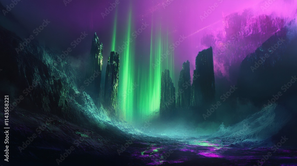 Alien Aurora Borealis Over Glowing Crystal Peaks - Sci-Fi Fantasy Landscape Alien Aurora Borealis Over Glowing Crystal Peaks - Sci-Fi Fantasy Landscape