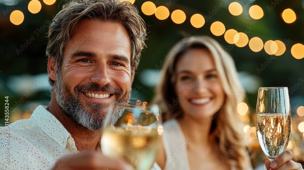 Happy couple enjoying a romantic outdoor date night toasting each other with champagne glasses while surrounded by festive string lights in a cozy backyard or patio setting Happy couple enjoying a romantic outdoor date night toasting each other with champagne glasses while surrounded by festive string lights in a cozy backyard or patio setting