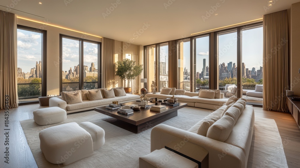 Fototapeta premium Cozy living room with large windows, soft lighting, and neutral-toned furniture.