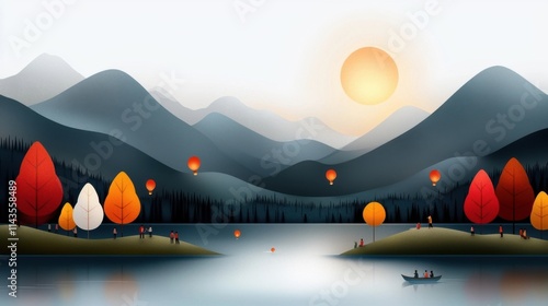 Breathtaking autumn landscape with a tranquil lake reflecting the mountainous scenery and vibrant fall foliage at dusk  A small boat drifts on the calm waters creating a peaceful