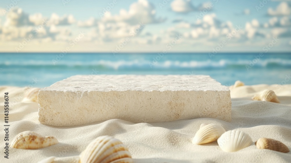 Seashell-Adorned Beach Podium Mockup - Summer Vacation Theme Seashell-Adorned Beach Podium Mockup - Summer Vacation Theme