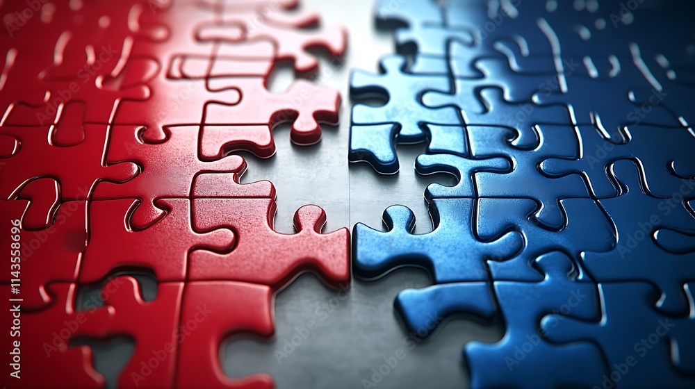 Red and Blue Jigsaw Puzzle Pieces Nearly Connected: A 3D Render. AI Generated Red and Blue Jigsaw Puzzle Pieces Nearly Connected: A 3D Render. AI Generated
