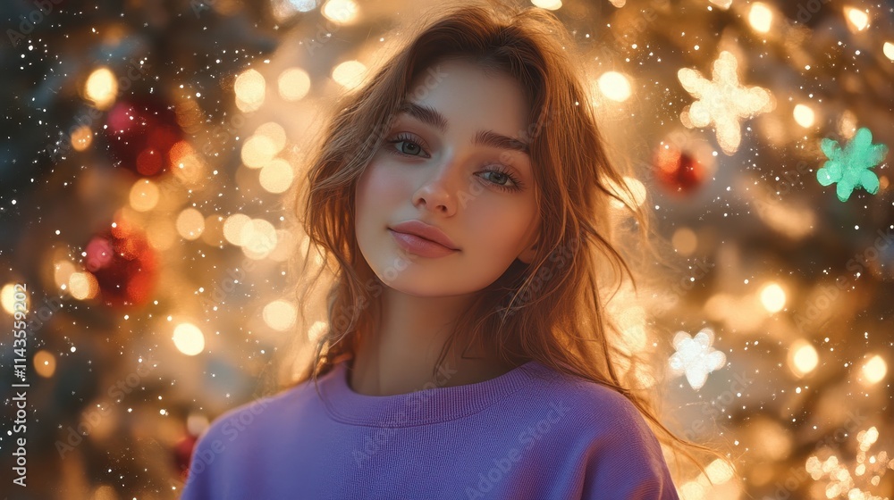 Girl in blank purple sweatshirt, surrounded by holiday stars, dreamy Christmas setting Girl in blank purple sweatshirt, surrounded by holiday stars, dreamy Christmas setting