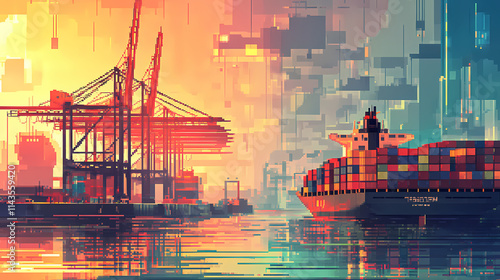 A pixelated illustration of a harbor with container ships docked at a pier, cranes, and cargo containers. Harbor. Illustration