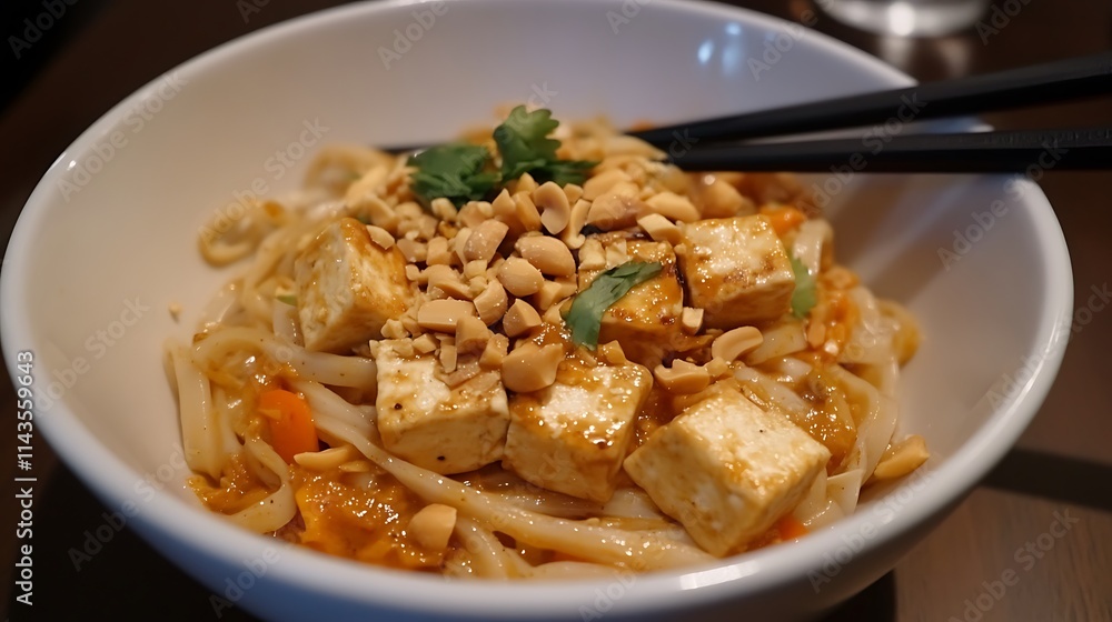 Delicious Tofu Pad Thai in a Cozy Restaurant Setting. AI Generated Delicious Tofu Pad Thai in a Cozy Restaurant Setting. AI Generated