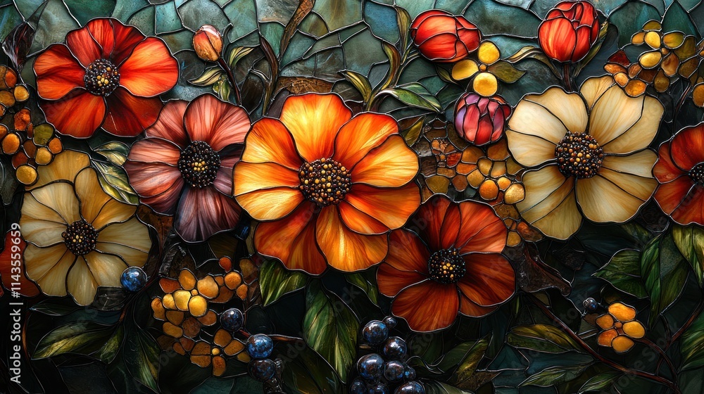 Stained glass floral artwork; vibrant blooms. Stained glass floral artwork; vibrant blooms.