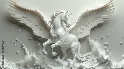 Majestic Pegasus with white wings in flight, cut-out design 