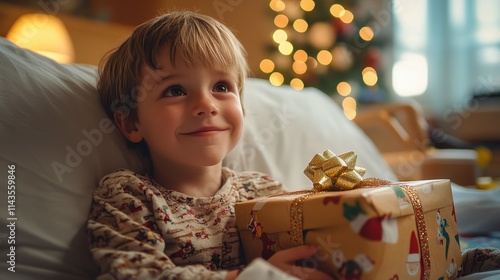 un enfant dans un lit d'hÃ´pital reÃ§oit un cadeau de NoÃ«l photo