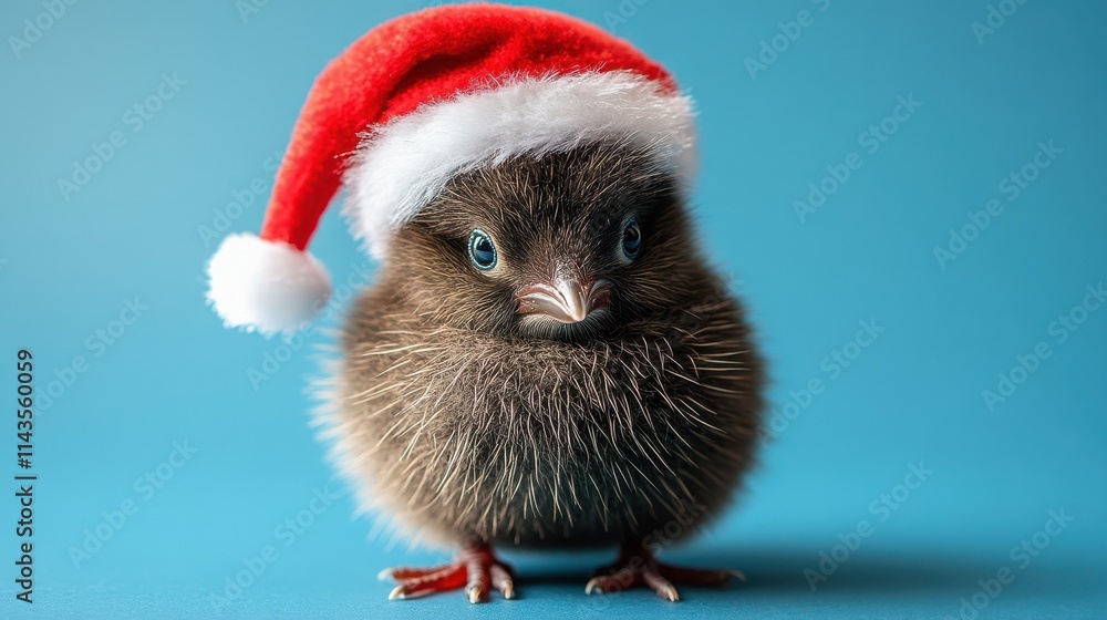 Cute kiwi bird wearing red Christmas Santa hat, blue background Cute kiwi bird wearing red Christmas Santa hat, blue background