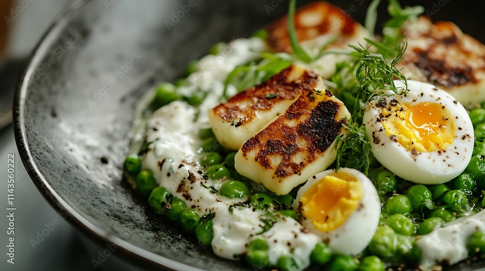 Grilled Halloumi, Pea, and Egg Salad: A Delicious Spring Meal. AI Generated Grilled Halloumi, Pea, and Egg Salad: A Delicious Spring Meal. AI Generated